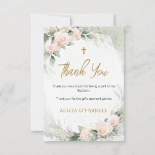 Pink Watercolor Flowers Greenery Baptism Thank You Card