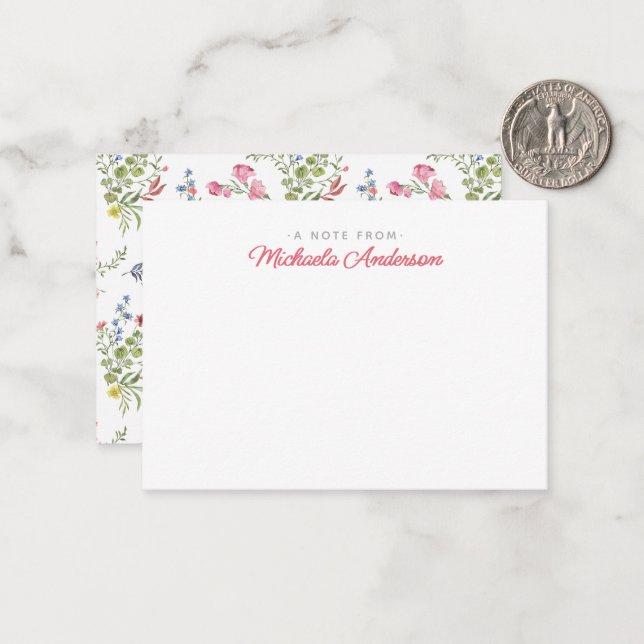 Pink Watercolor Flowers & Greenery Custom Name Card (Front/Back In Situ)