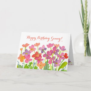 Pink Watercolor Flowers Happy Birthday Custom Name Card