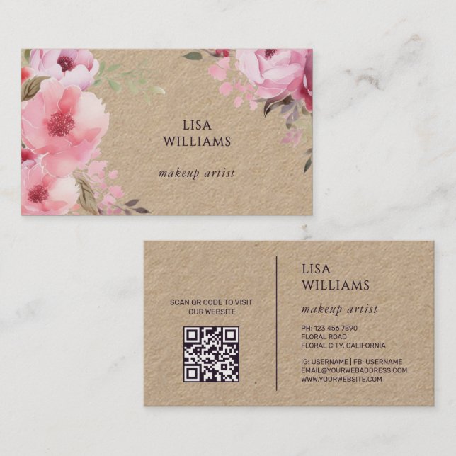 Pink Watercolor Flowers Kraft Business Card (Front/Back)