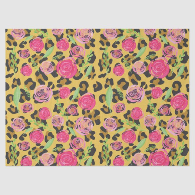 Pink Watercolor Flowers Leopard Animal Print Tissue Paper (Front)