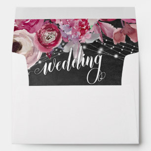 Pink Watercolor Flowers Lights Chalkboard Wedding Envelope