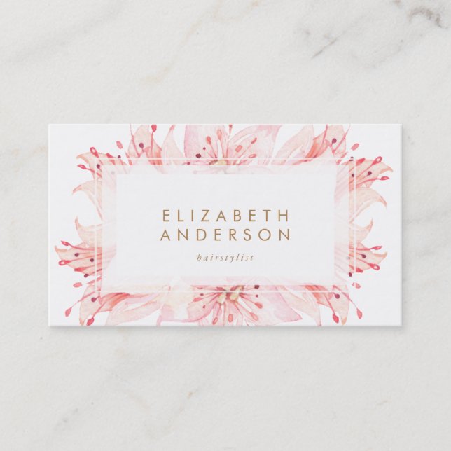 Pink Watercolor Flowers Lilies Business Card (Front)