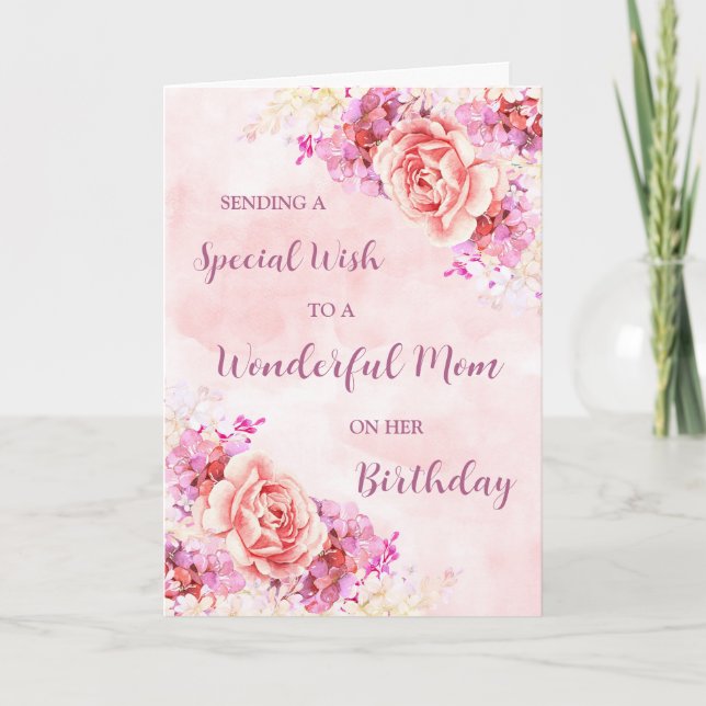 Pink Watercolor Flowers Mum Birthday Card (Front)