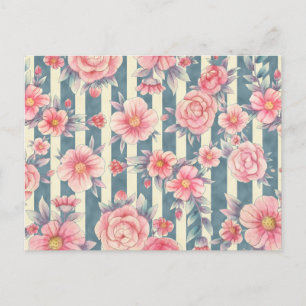 Pink Watercolor Flowers on Striped Pattern Postcard