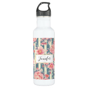 Pink Watercolor Flowers on Stripes 710 Ml Water Bottle