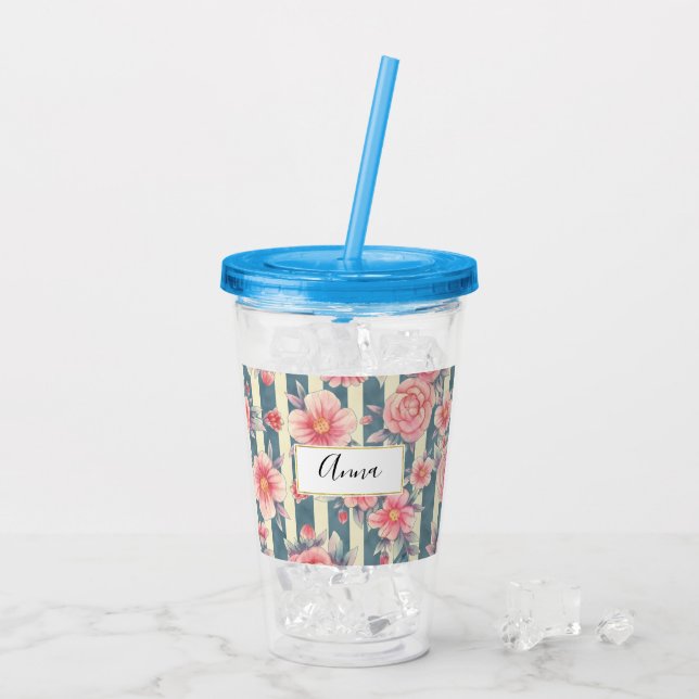 Pink Watercolor Flowers on Stripes Acrylic Tumbler (Back Ice)