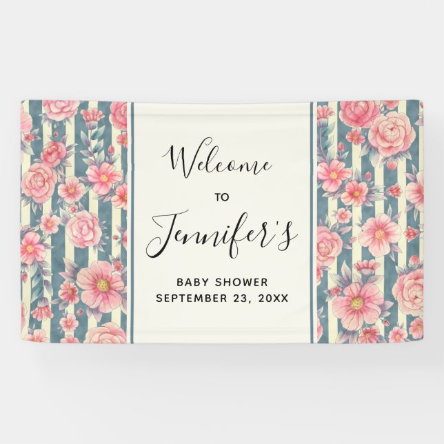 Pink Watercolor Flowers on Stripes Baby Shower Banner (Horizontal)