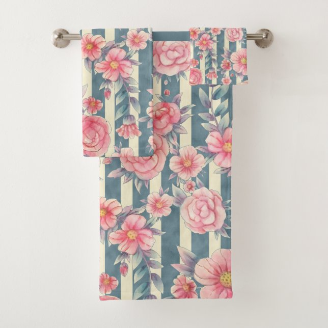 Pink Watercolor Flowers on Stripes Bath Towel Set (Insitu)