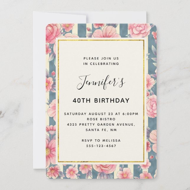 Pink Watercolor Flowers on Stripes Birthday Invitation (Front)