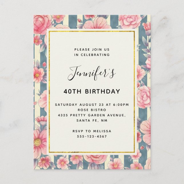Pink Watercolor Flowers on Stripes Birthday Invitation Postcard (Front)