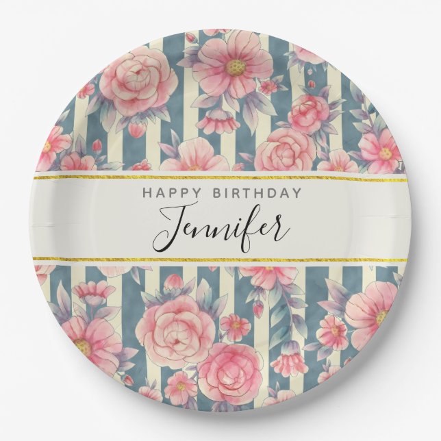 Pink Watercolor Flowers on Stripes Birthday Paper Plate (Front)
