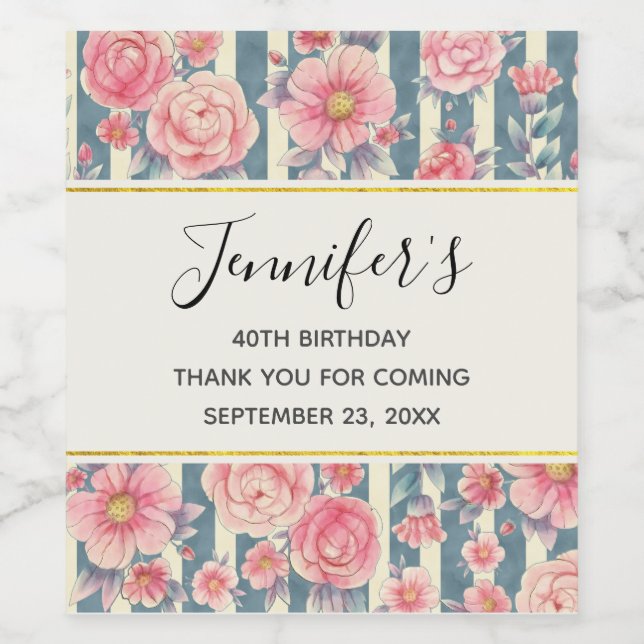 Pink Watercolor Flowers on Stripes Birthday Wine Label (Single Label)