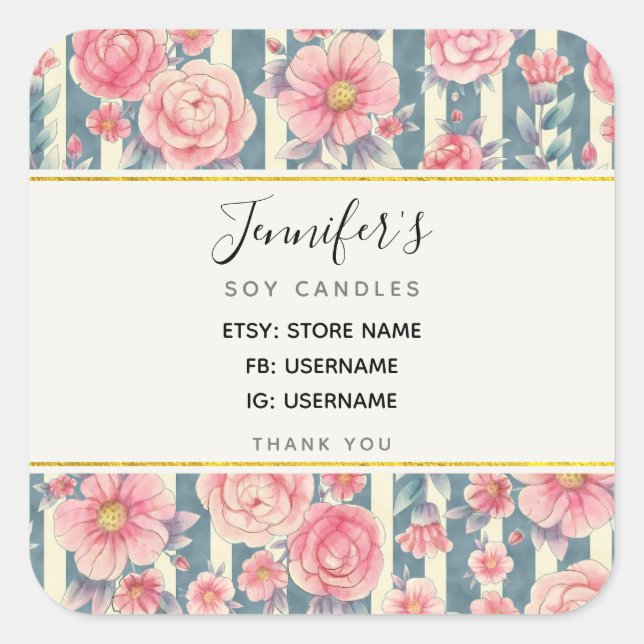 Pink Watercolor Flowers on Stripes Business Square Sticker (Front)