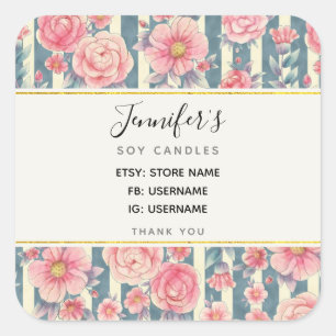 Pink Watercolor Flowers on Stripes Business Square Sticker