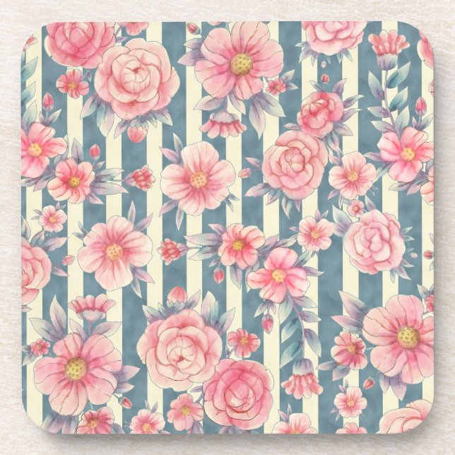 Pink Watercolor Flowers on Stripes Coaster (Front)