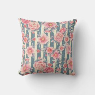 Pink Watercolor Flowers on Stripes Cushion