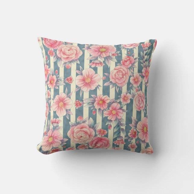 Pink Watercolor Flowers on Stripes Cushion (Front)