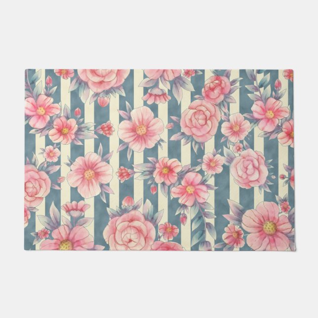 Pink Watercolor Flowers on Stripes Doormat (Front)
