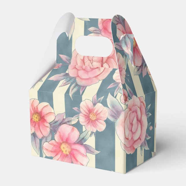 Pink Watercolor Flowers on Stripes Favour Box (Front Side)