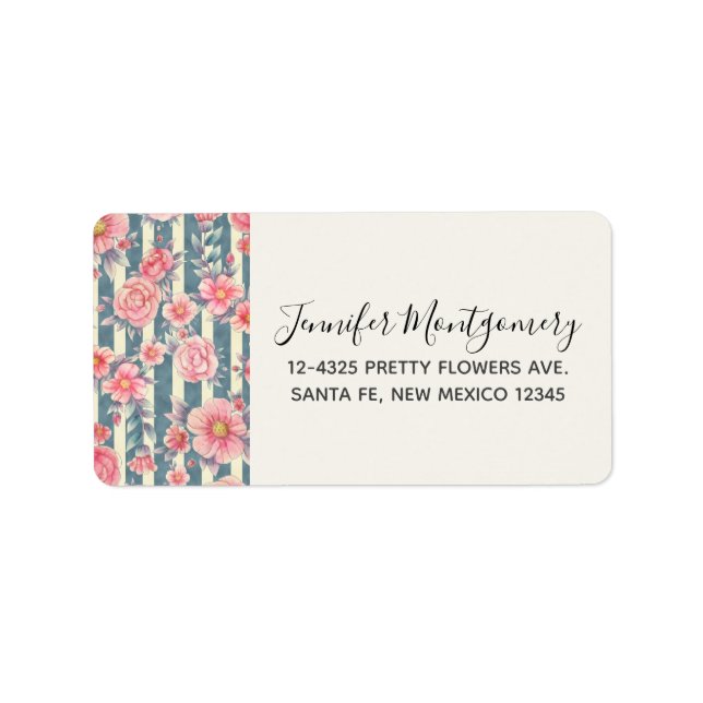 Pink Watercolor Flowers on Stripes Label (Front)