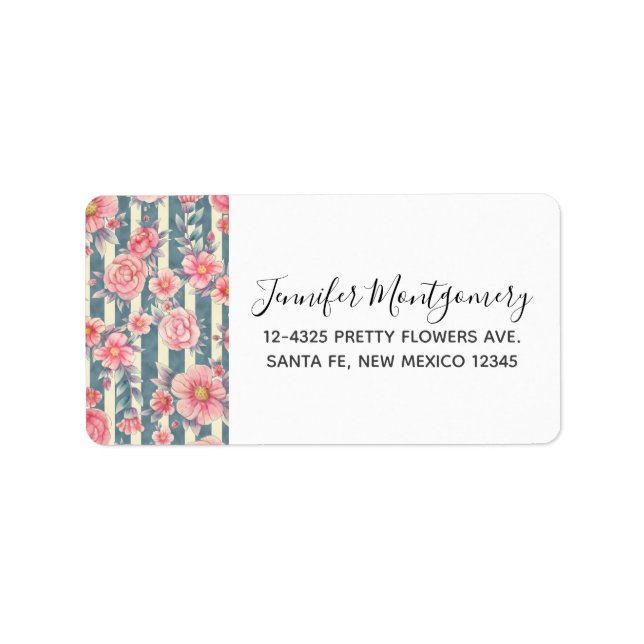 Pink Watercolor Flowers on Stripes Label (Front)