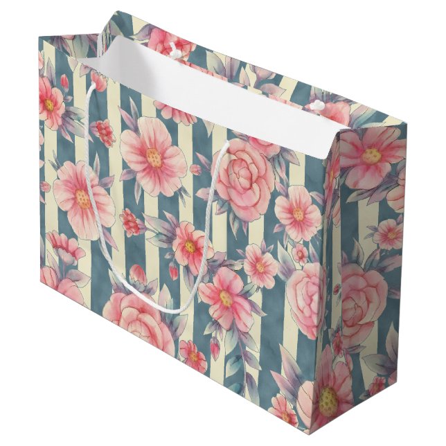  Pink Watercolor Flowers on Stripes  Large Gift Bag (Front Angled)