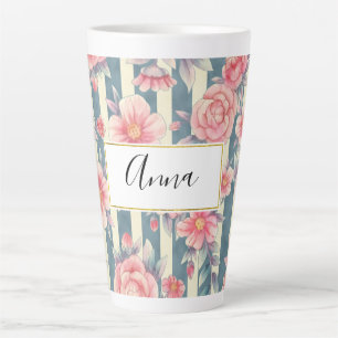 Pink Watercolor Flowers on Stripes Latte Mug