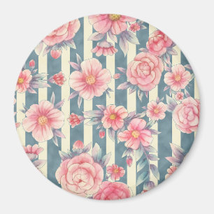Pink Watercolor Flowers on Stripes Magnet