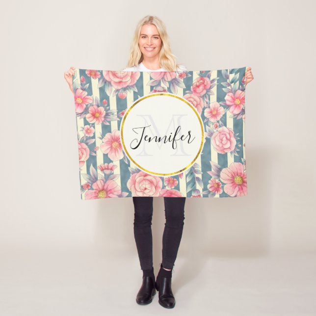 Pink Watercolor Flowers on Stripes Monogram Fleece Blanket (In Situ)