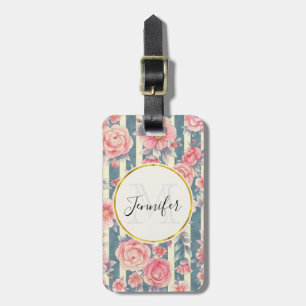 Pink Watercolor Flowers on Stripes Monogram Luggage Tag