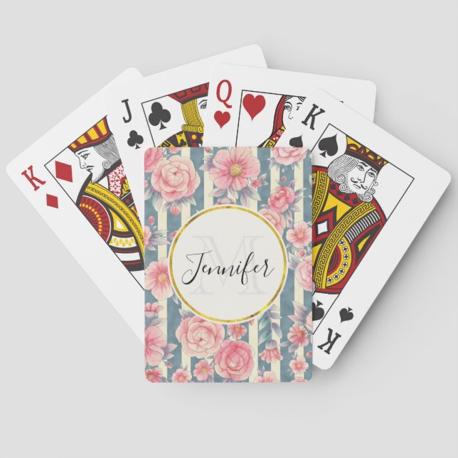 Pink Watercolor Flowers on Stripes Monogram Playing Cards (Back)