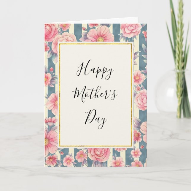 Pink Watercolor Flowers on Stripes Mother's Day Card (Front)