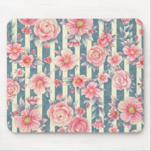 Pink Watercolor Flowers on Stripes Mouse Mat