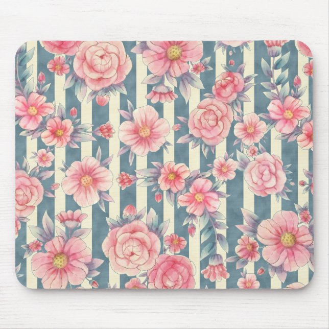 Pink Watercolor Flowers on Stripes Mouse Mat (Front)