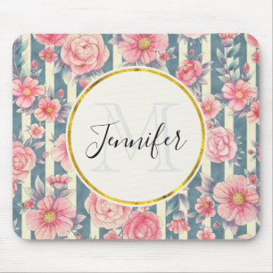 Pink Watercolor Flowers on Stripes Mousepad