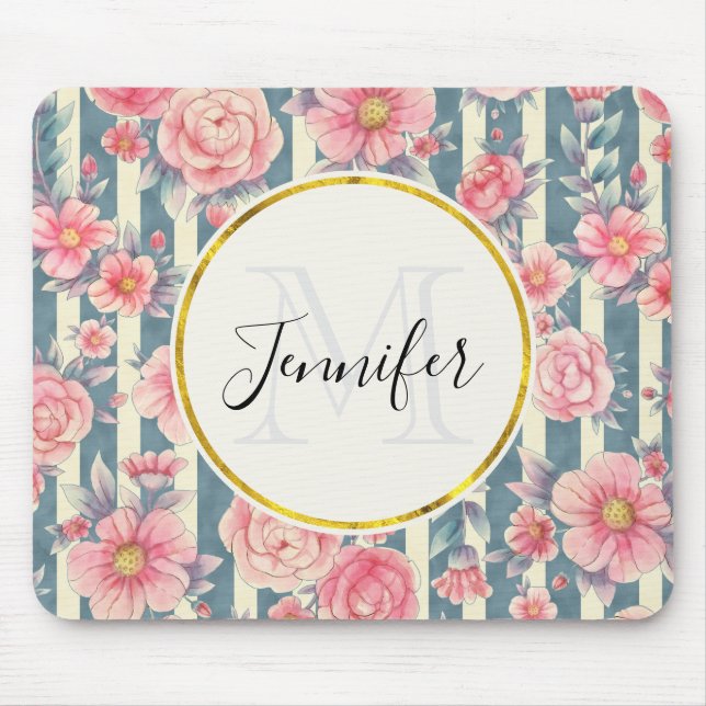 Pink Watercolor Flowers on Stripes Mousepad (Front)