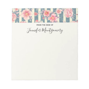 Pink Watercolor Flowers on Stripes Notepad