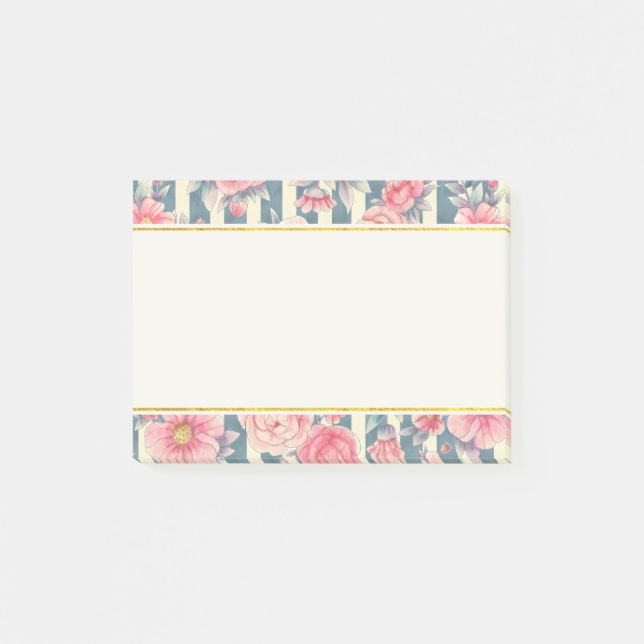 Pink Watercolor Flowers on Stripes Post-it Notes (Front)