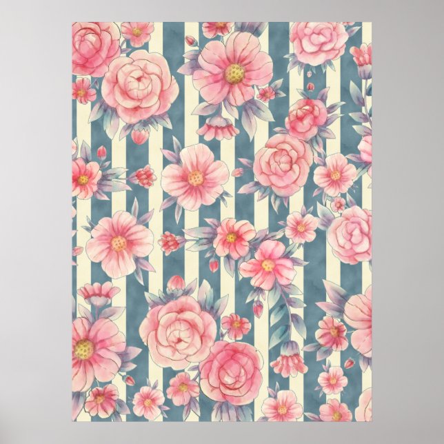 Pink Watercolor Flowers on Stripes Poster (Front)