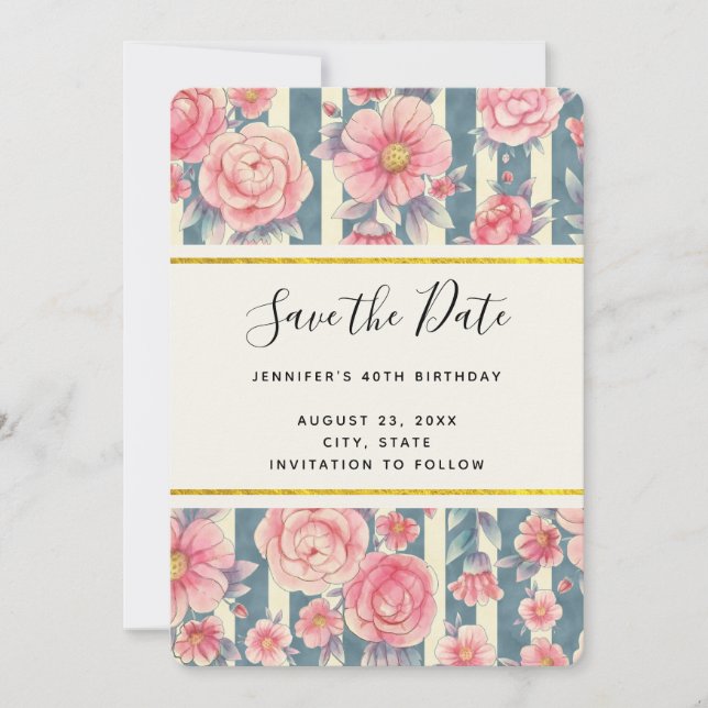  Pink Watercolor Flowers on Stripes Save the Date (Front)