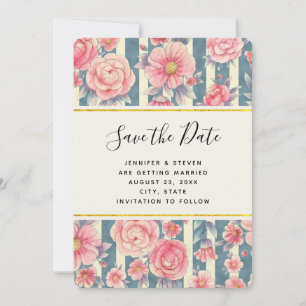 Pink Watercolor Flowers on Stripes Save the Date