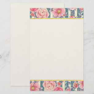 Pink Watercolor Flowers on Stripes Stationery