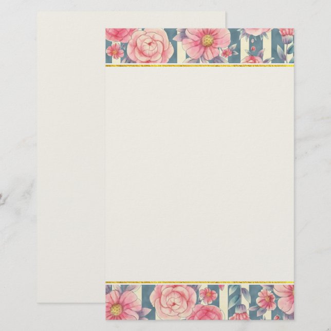 Pink Watercolor Flowers on Stripes Stationery (Front/Back)