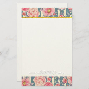 Pink Watercolor Flowers on Stripes Stationery