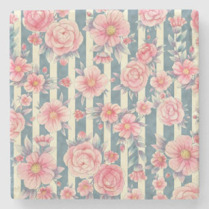 Pink Watercolor Flowers on Stripes Stone Coaster