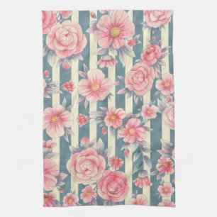 Pink Watercolor Flowers on Stripes Tea Towel