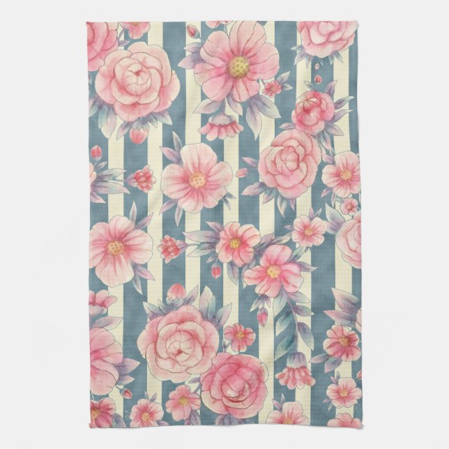 Pink Watercolor Flowers on Stripes Tea Towel (Vertical)