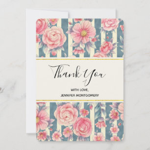 Pink Watercolor Flowers on Stripes Thank You