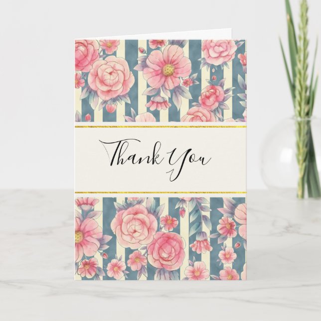 Pink Watercolor Flowers on Stripes Thank You Card (Front)